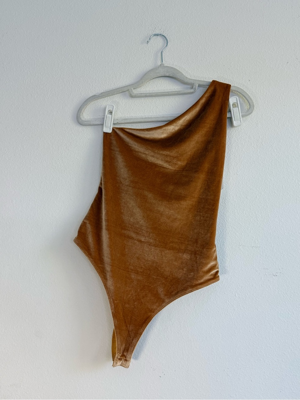 Fabletics One-Shoulder Velvet Bodysuit in Warm Camel